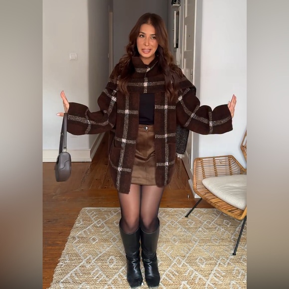 ZARA SHORT PLAID SCARF KNIT COAT - Picture 3 of 16